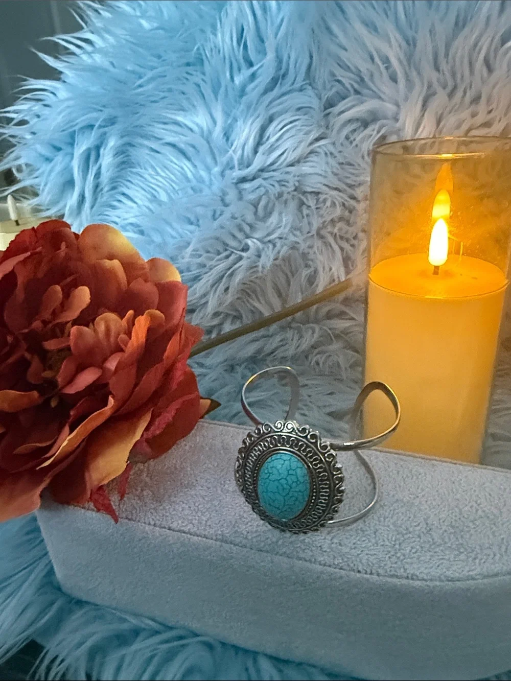 Turquoise Stone Silver-Tone Cuff Bracelet - Unbranded